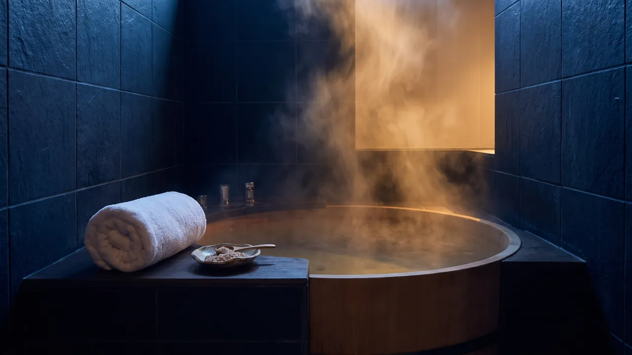 Steaming deep soaking tub in a dark navy bathroom with a rolled towel and dish of mineral salts