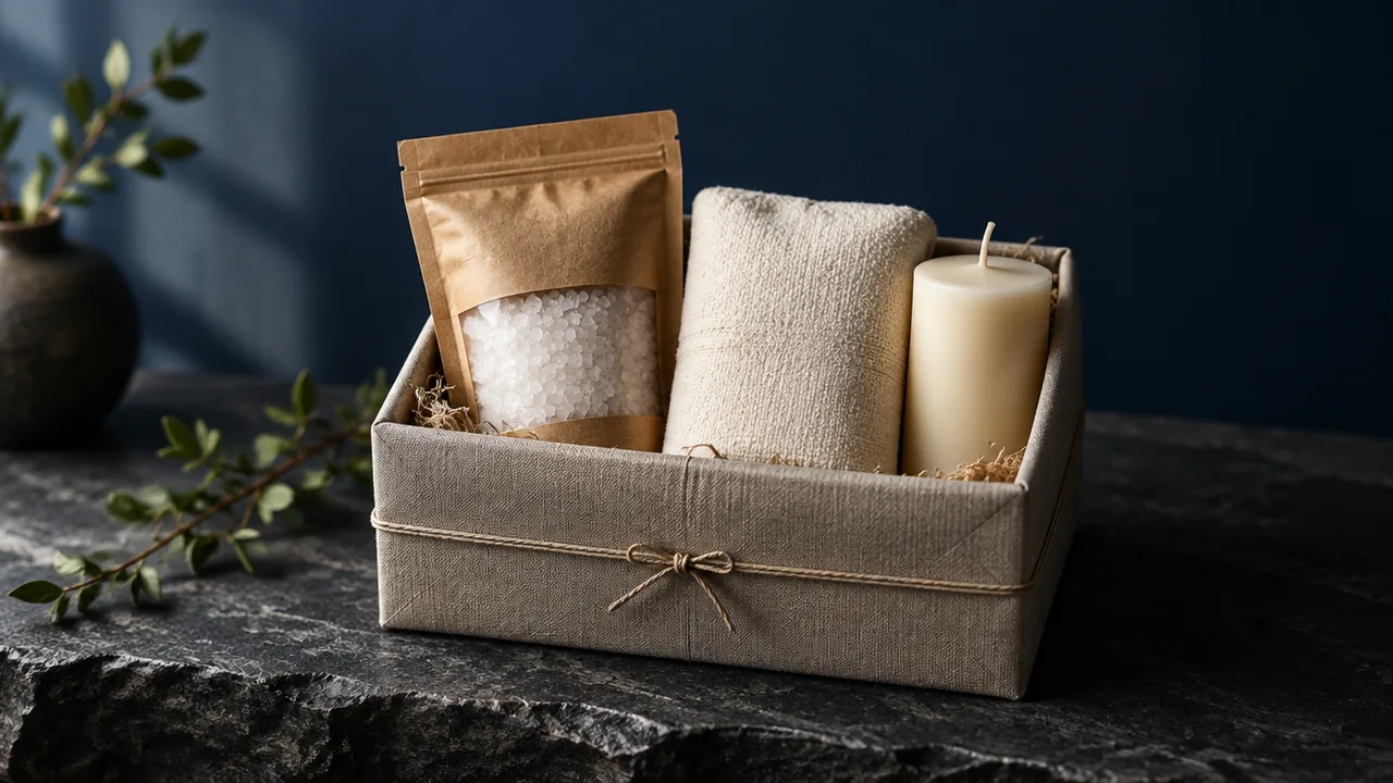 A linen-wrapped gift box holding a pouch of bath salts, a folded towel and an unlit candle on dark stone