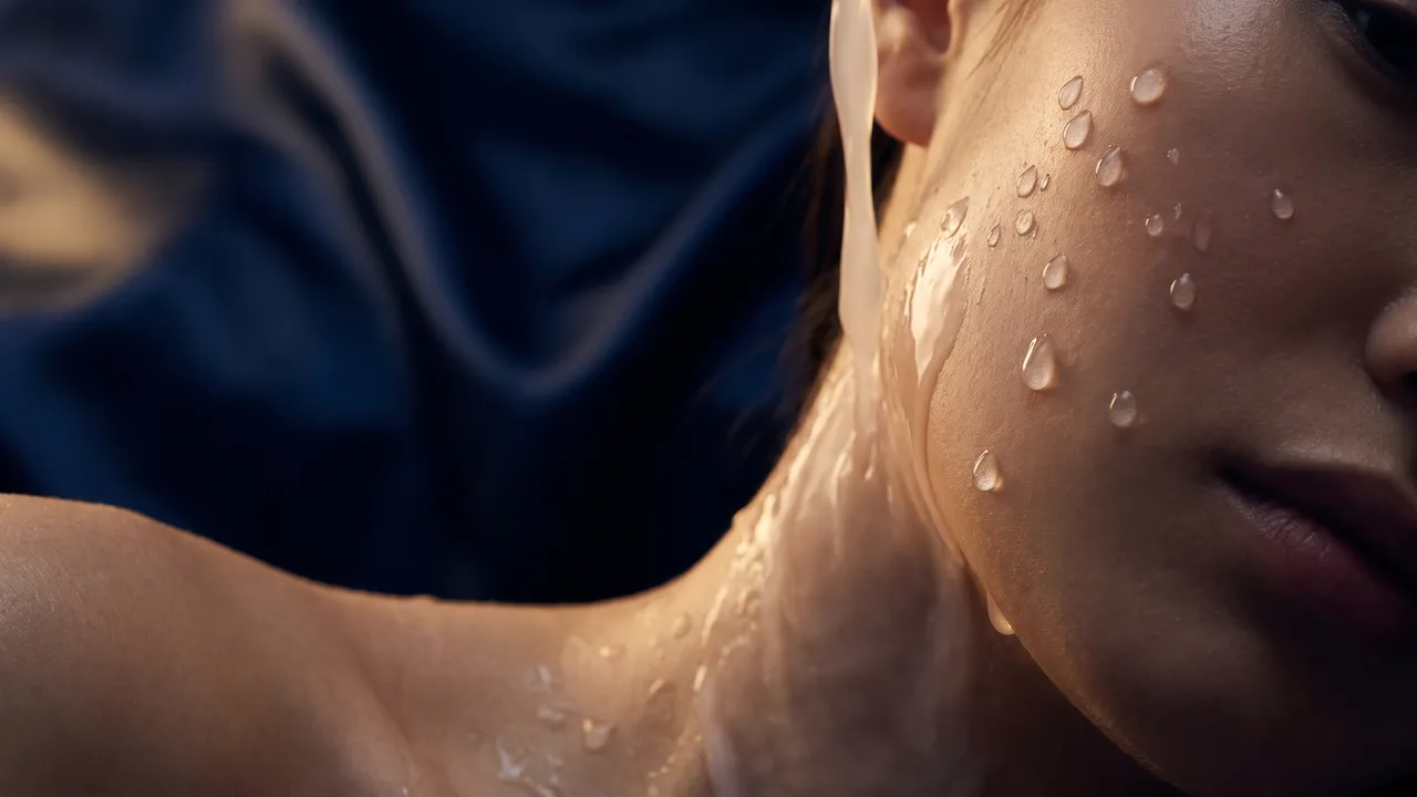Close-up of water droplets beading on hydrated skin against dark navy silk