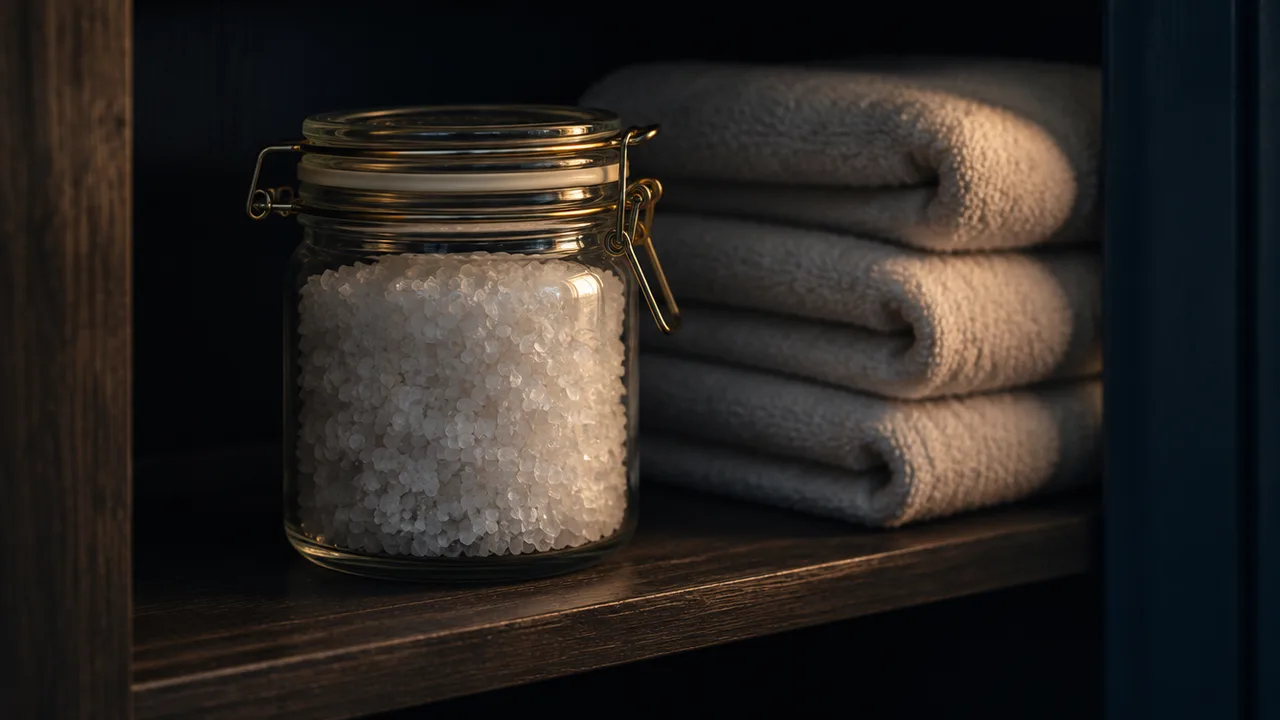 A sealed glass jar of mineral bath salt crystals on a dark shelf, away from steam