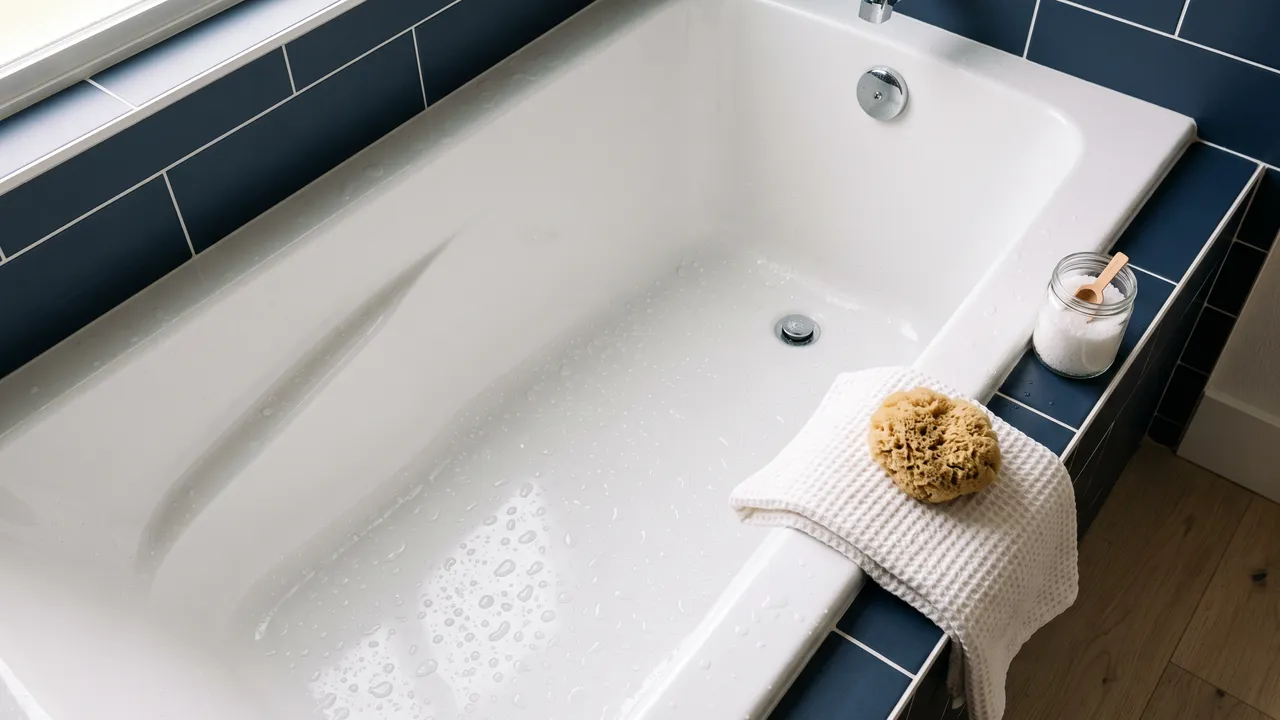 A freshly rinsed white bath with water droplets, a natural sponge on a folded towel and a jar of bath salts on the navy tiled edge