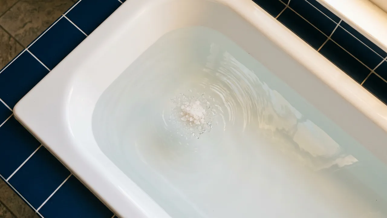 Coarse white mineral salt crystals dissolving in clear warm bathwater in a white tub edged with dark navy tiles