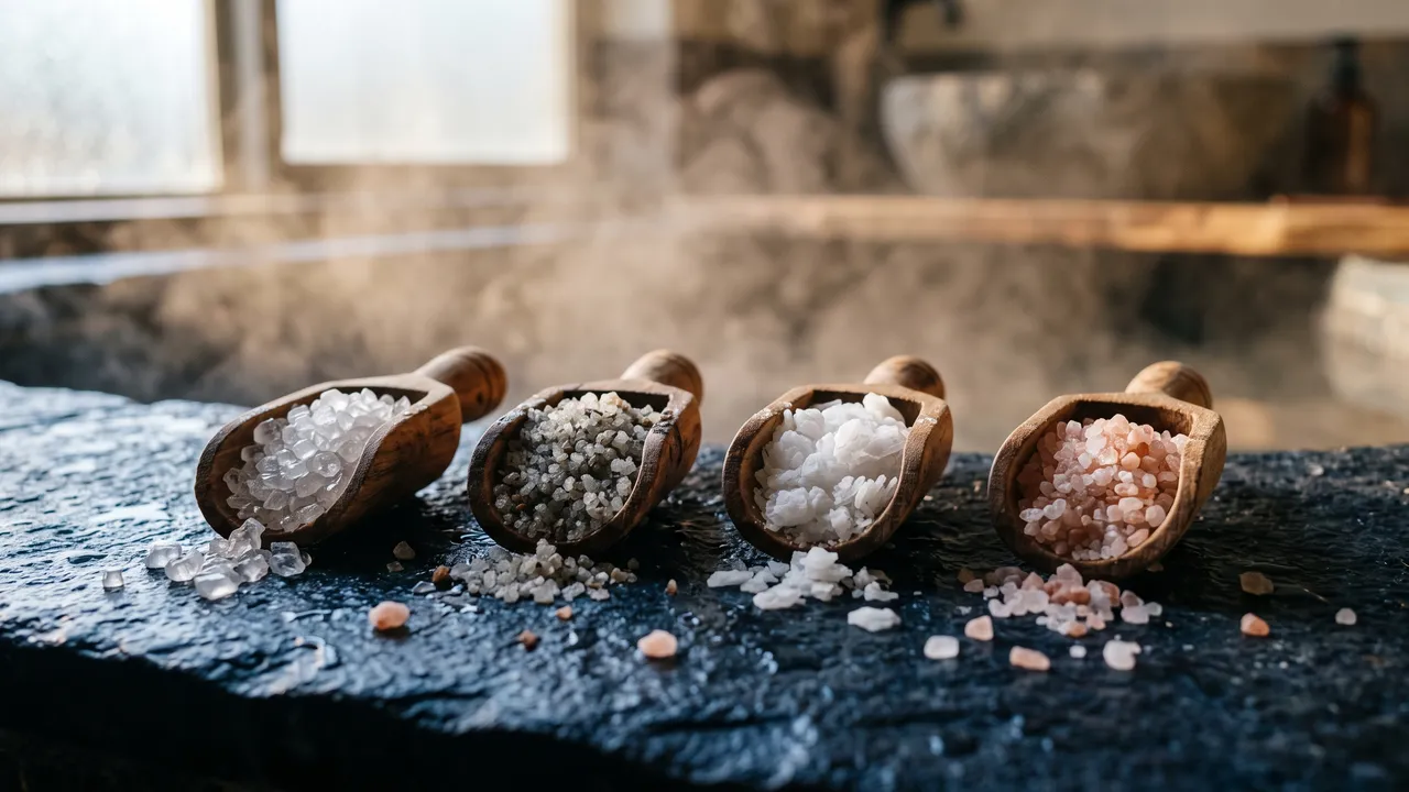 Four wooden scoops on a dark stone bath ledge holding clear Epsom salt, grey Dead Sea salt, white magnesium flakes and pink salt