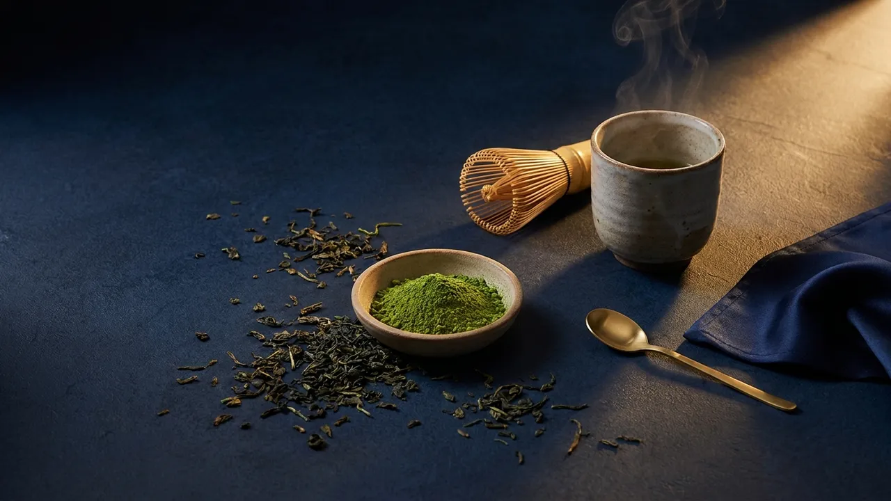Green tea leaves, a bowl of matcha powder and a bamboo whisk on dark navy stone