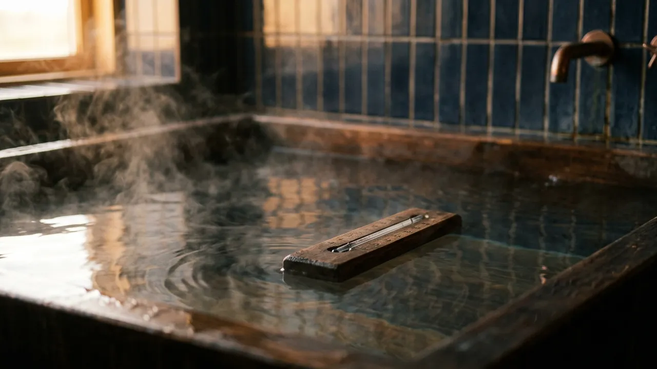 A small wooden floating bath thermometer on steaming water in a deep soaking tub with dark navy tiles