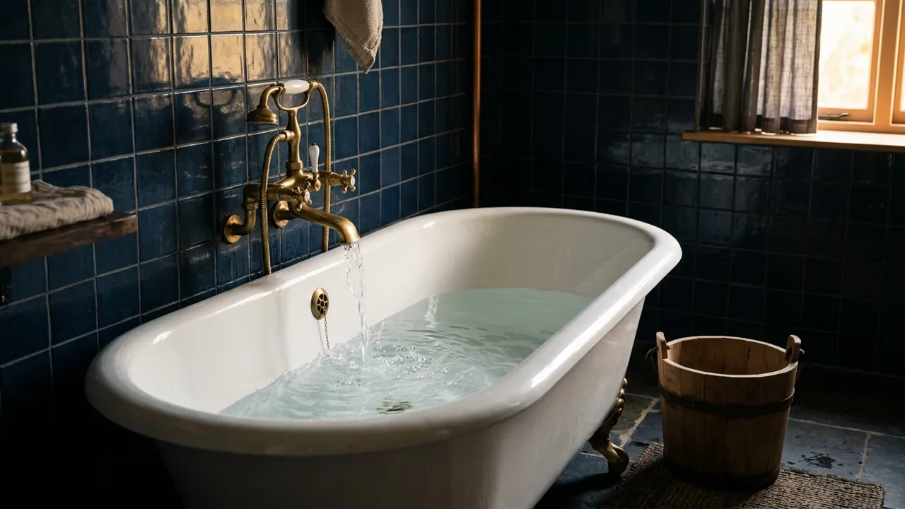 A brass tap filling a white clawfoot bathtub beside a wooden bucket in a dark navy tiled bathroom