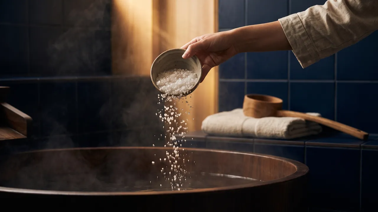A hand pouring mineral bath salts from a ceramic vessel into a steaming wooden soaking tub