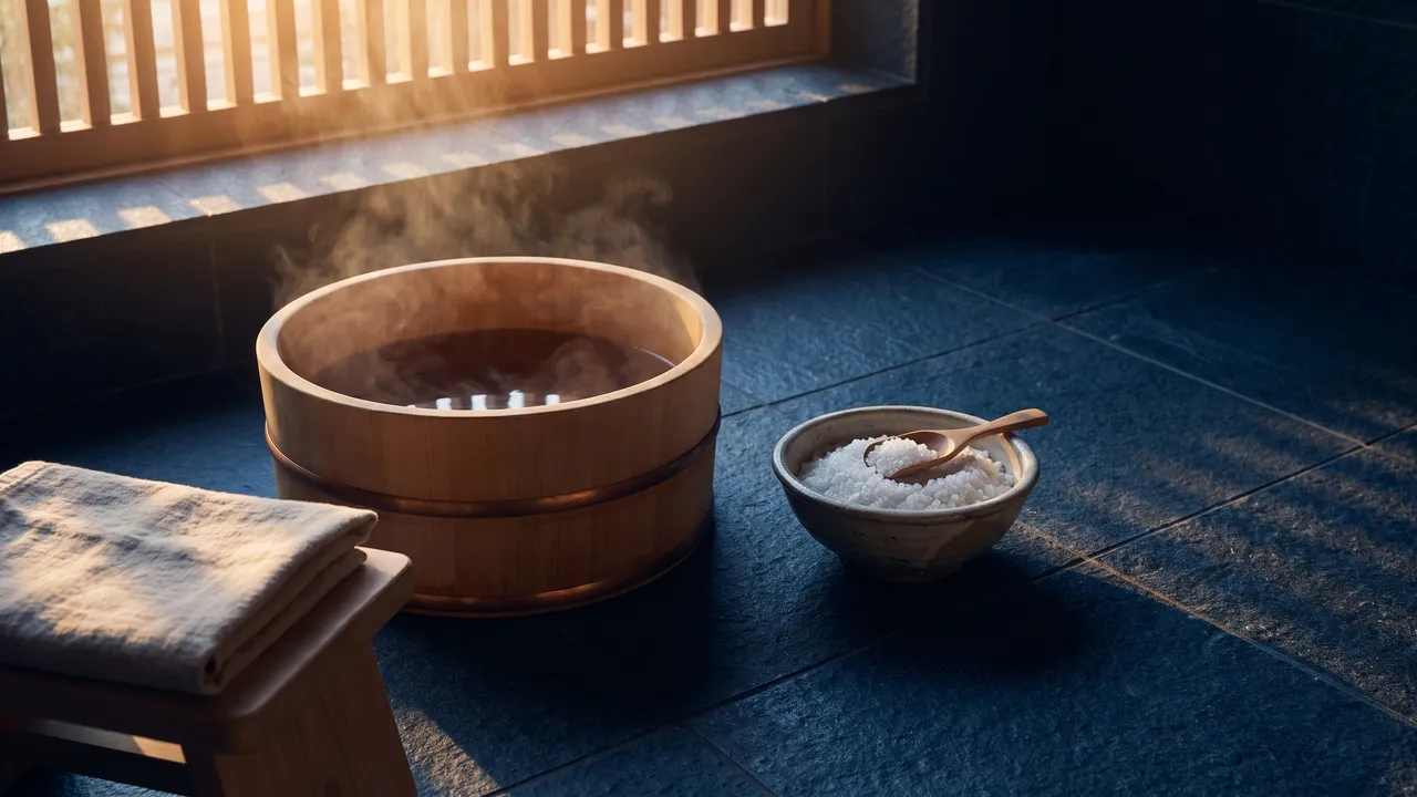 Wooden foot soak tub of steaming water beside a bowl of mineral bath salts on dark stone tiles