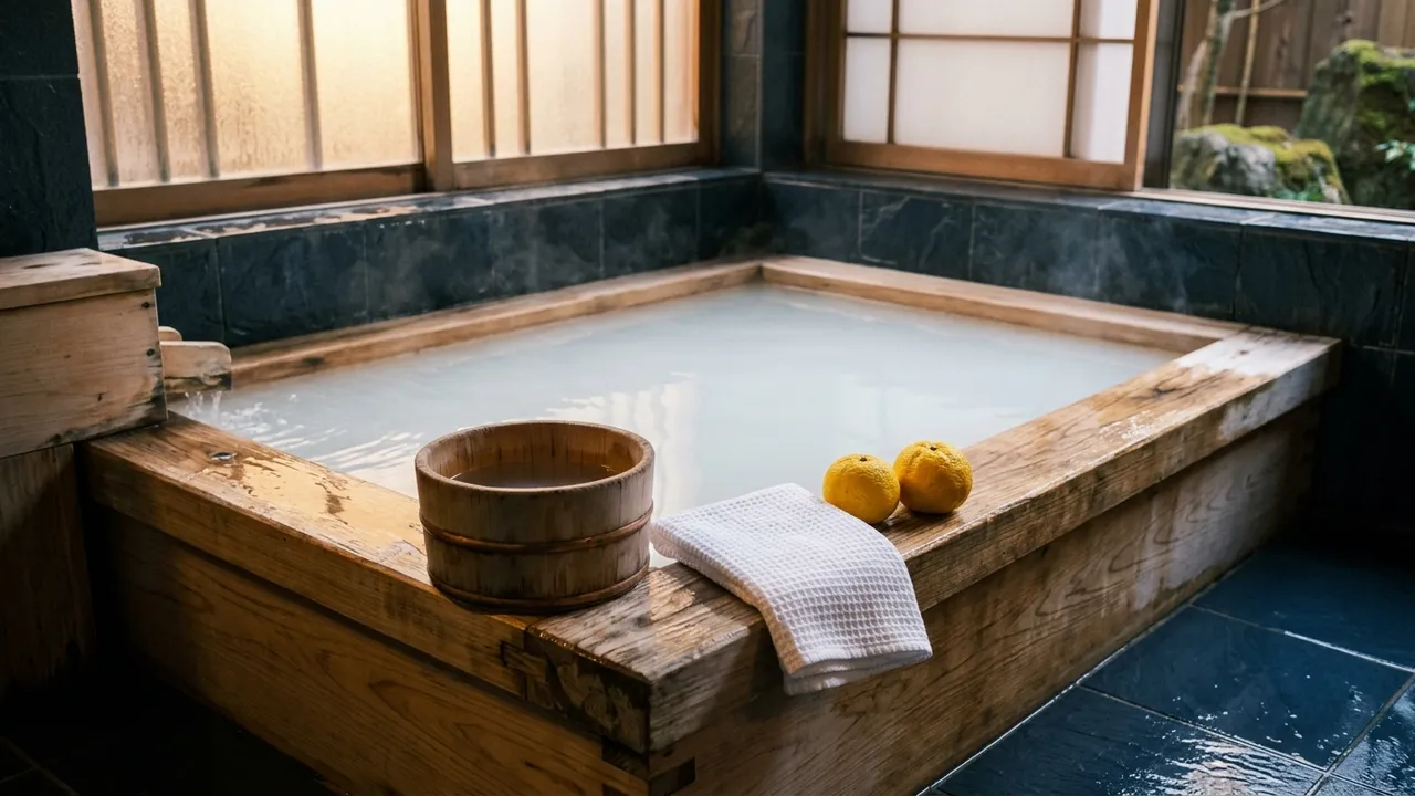 A wooden hinoki bath of milky white water with a wooden bucket, folded towel and two yuzu on the rim