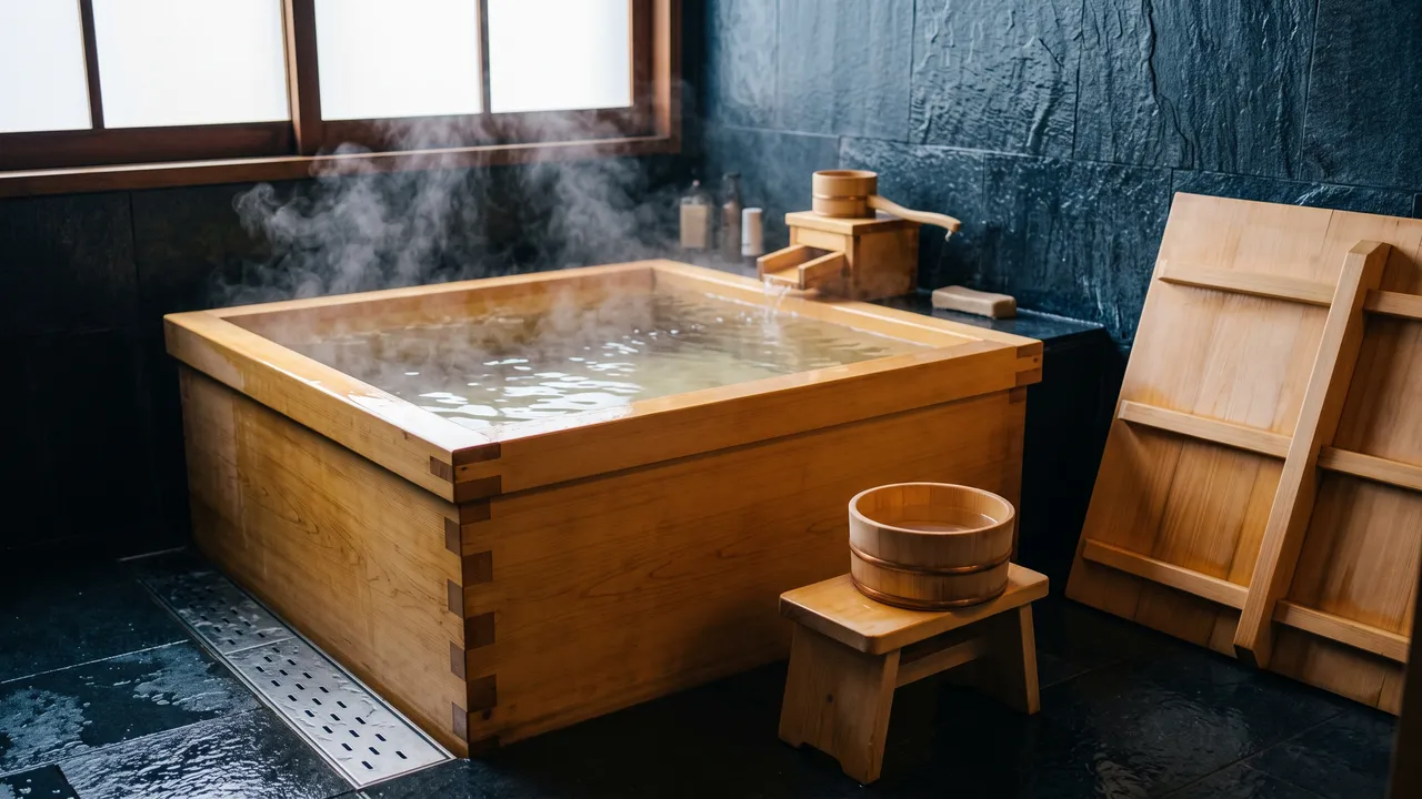 A square hinoki wood soaking tub full of steaming water beside a wooden stool and bucket, with a slatted wooden lid leaning on the slate wall