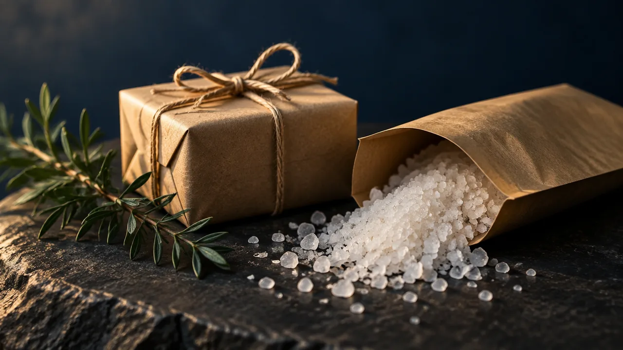 A simply wrapped gift in brown paper and twine beside a pouch of mineral bath salts on dark stone