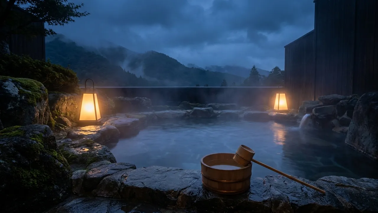 Steaming Japanese outdoor onsen hot spring at dusk with glowing lanterns and misty mountains