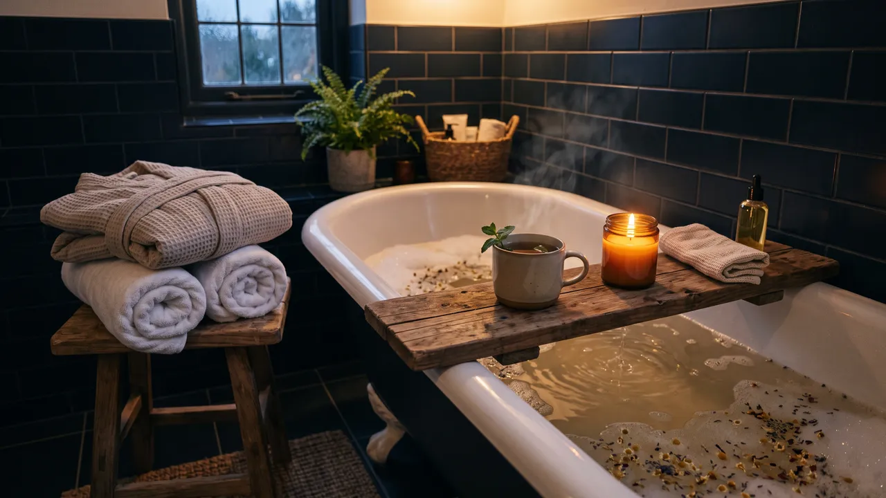 A clawfoot bath with a wooden caddy holding a cup of tea and a lit candle, with folded robes and rolled towels on a stool beside it
