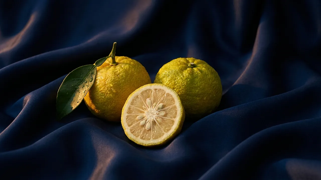 Fresh yuzu citrus fruits, whole and halved, on dark navy silk in warm golden light