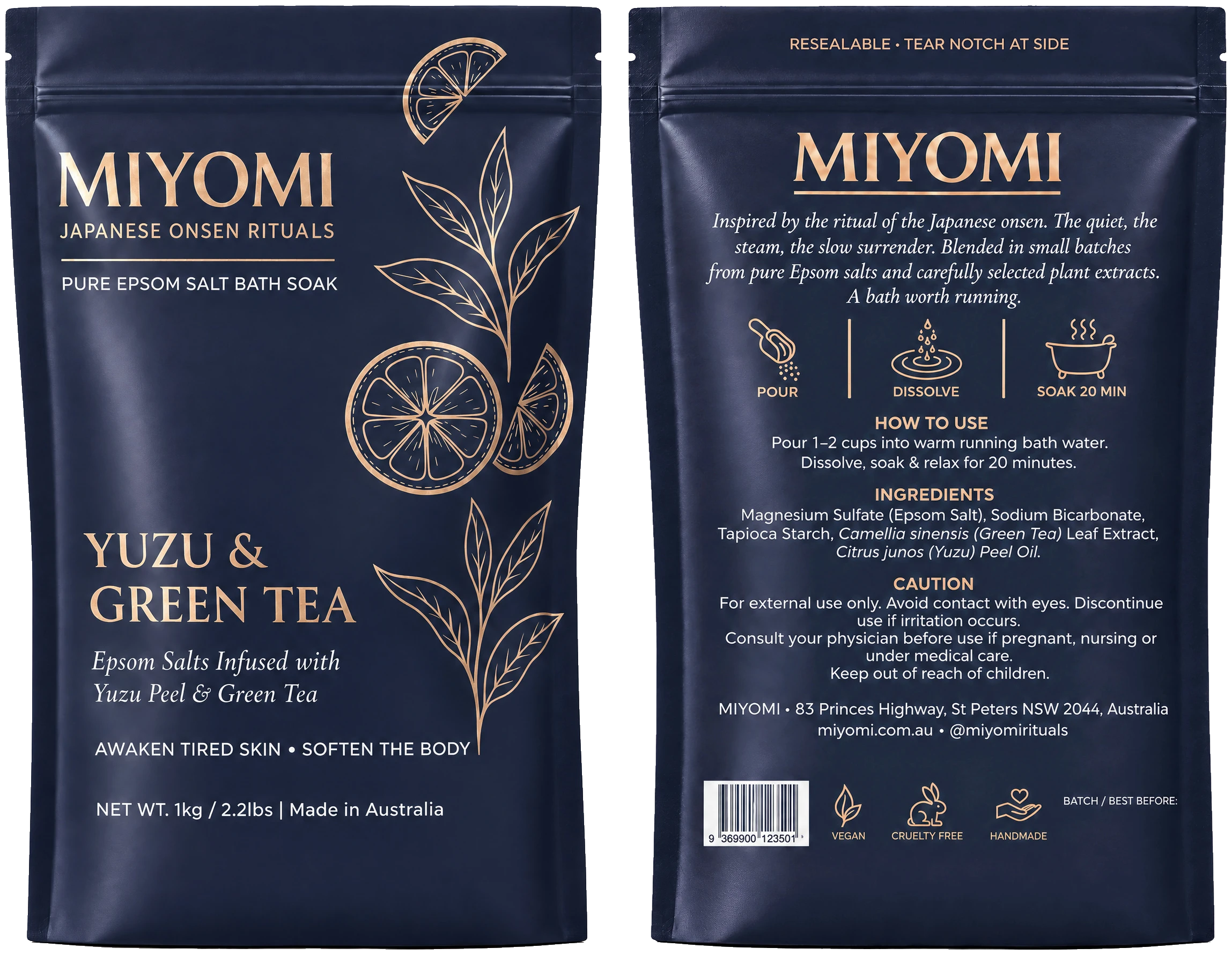 Front and back of the Miyomi Yuzu & Green Tea pouch