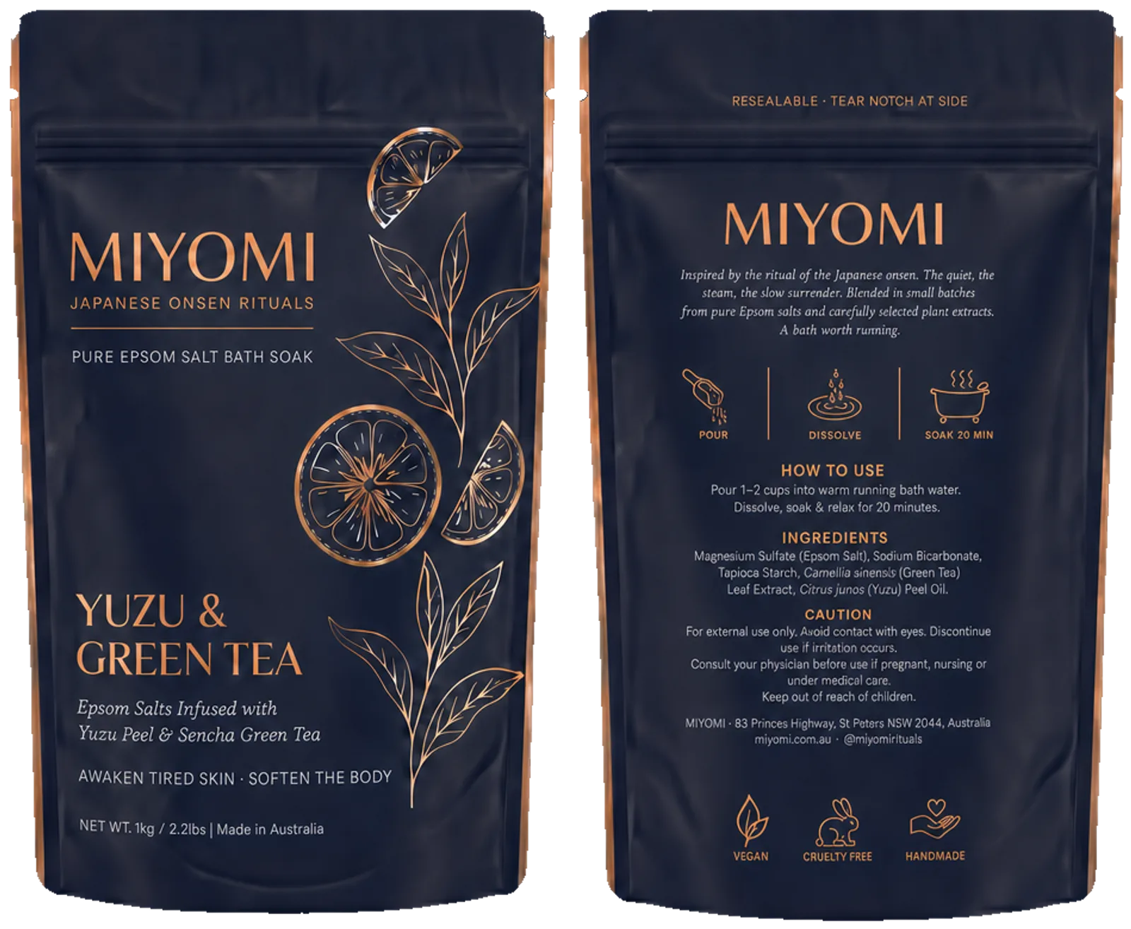 Miyomi Yuzu & Green Tea bath soak: front and back of the 1kg navy pouch, showing directions, ingredients and cautions